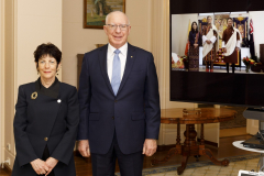 His Excellency General the Honourable David Hurley AC DSC (Retd), Governor-General of the Commonwealth of Australia and Her Excellency Mrs Linda Hurley receive Letters of Credence from Mr Sonam Tobgay, Ambassador-designate for the Kingdom of Bhutan, via video conference in the Drawing Room.